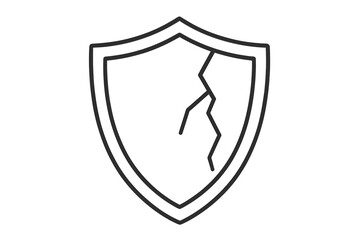 Cracked shield line icon. Symbol of broken protection, vulnerability, data breach, security failure. Metaphor for risk, danger, system error, weak defense, and hacking.