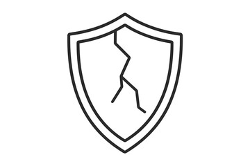 Cracked shield icon. Broken protection and security symbol. Concept of vulnerability, risk, data breach, and failed defense. Vector outline illustration for web and apps.