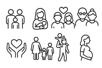 Family life cycle icon set. Simple outline symbols of couple, parents, child, pregnancy, newborn baby & seniors. Linear vector pictogram collection for web. Editable stroke.