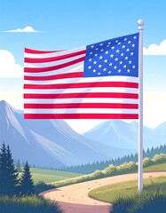 American flag waving over a scenic landscape