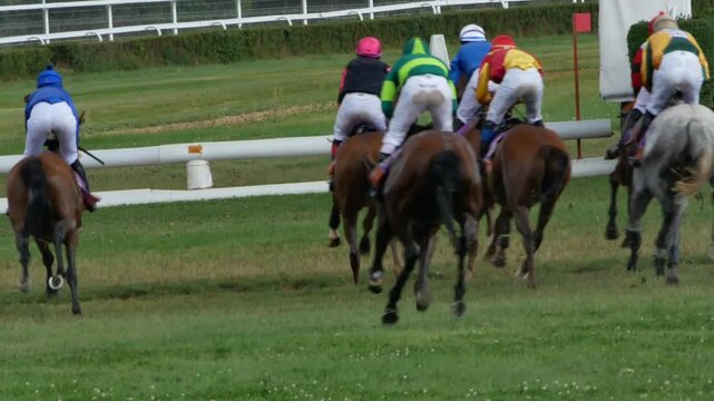 Wroclaw, Poland - September 7, 2025 Horse racing event filmed in Wroclaw, Poland, on September 7, 2025. Footage shows jockeys riding horses in competition on the racetrack.