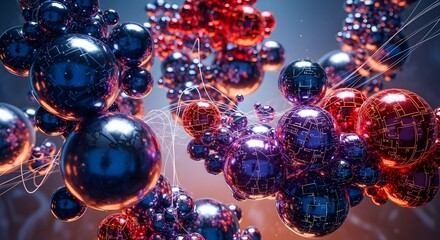 Abstract representation of interconnected metallic spheres in blue, purple, and red, suggesting molecular structures or data networks.