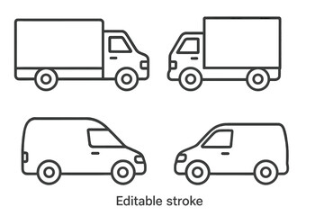 Delivery truck and van line icon set. Commercial vehicle outline collection for shipping and logistics. Simple transport symbols with editable stroke for easy customization.