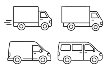 Fototapeta premium Delivery truck and van line icon set. Logistics and shipping transport vehicle outline collection. Commercial lorry, minivan, cargo van simple linear vector illustration.