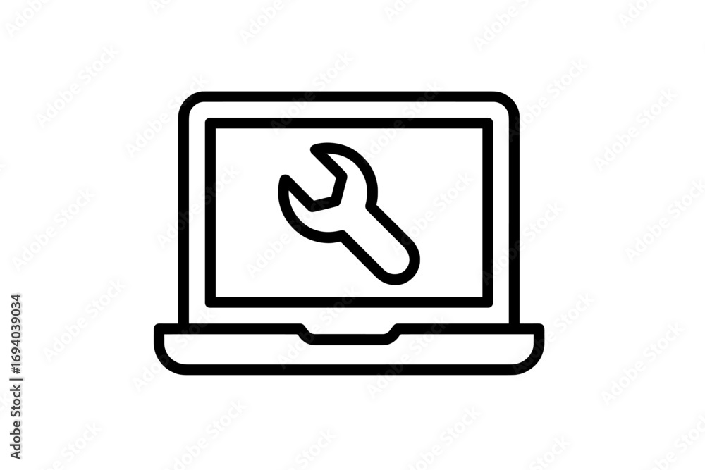 Poster laptop repair service icon. computer maintenance and tech support symbol. wrench on screen for setti
