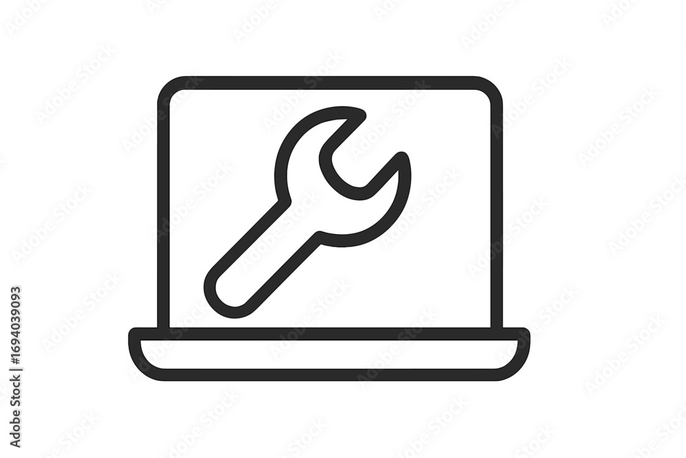 Poster laptop repair icon. computer service. wrench tool. technical support concept. pc maintenance. notebo