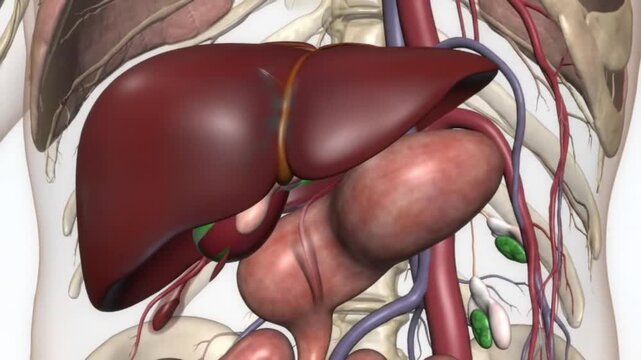 3D Animation of Human Liver, Stomach, and Internal Organs with Blood Vessels - Detailed Anatomical View for Medical Education