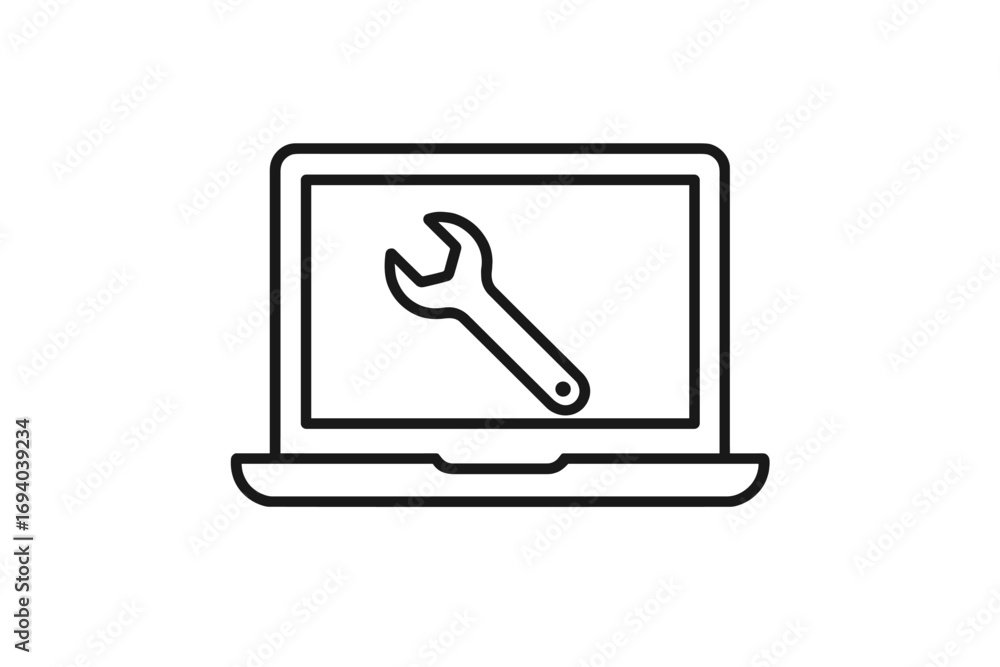 Poster laptop repair outline icon. computer service and maintenance concept. technical support pictogram wi