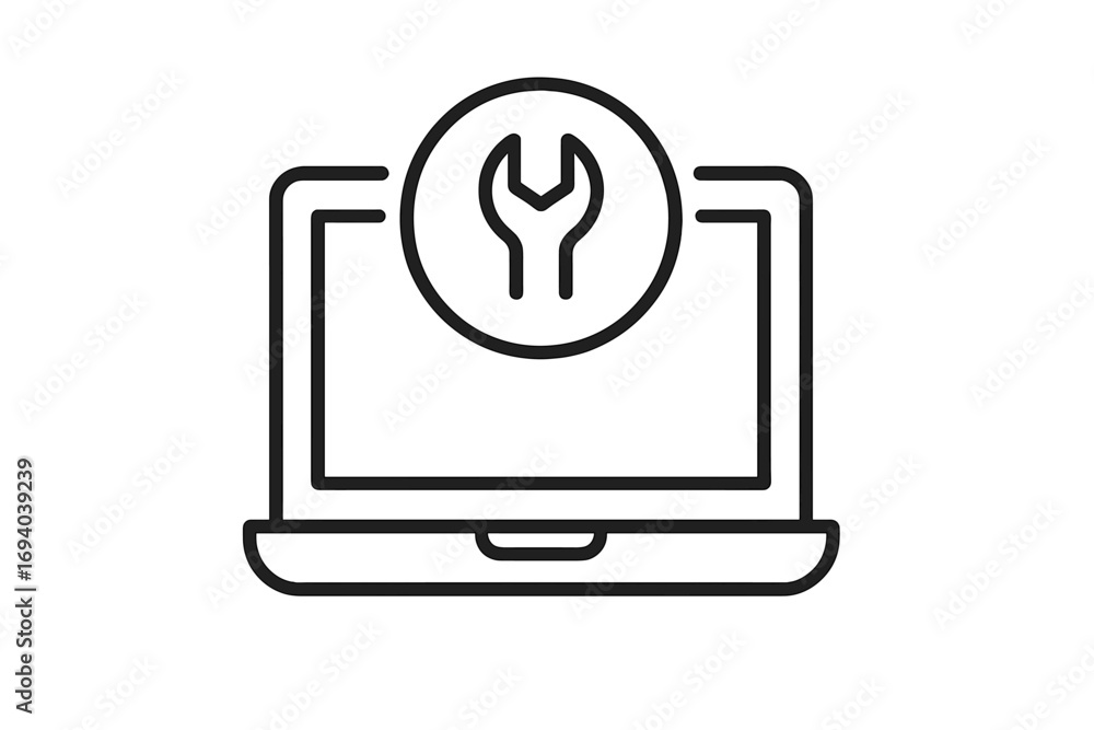 Poster laptop repair service icon. computer maintenance and tech support concept. vector line illustration 