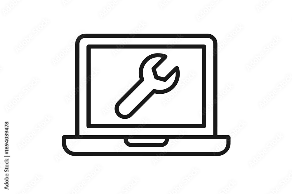 Poster laptop repair line icon. computer service and maintenance concept. pc tech support symbol. troublesh