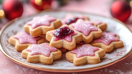 Festive star cookies on plate with Christmas ornaments
