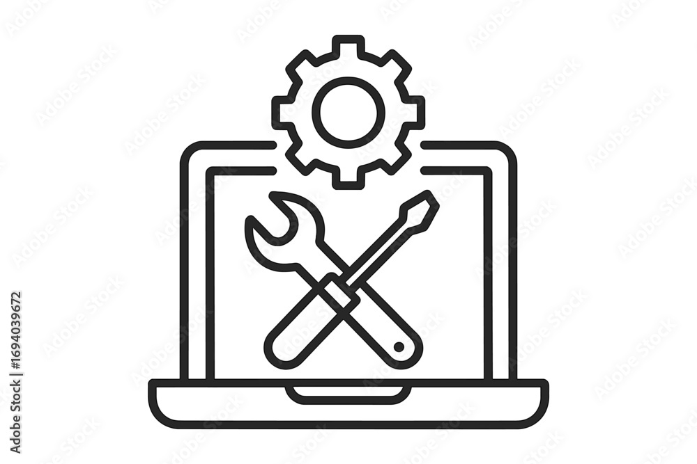 Aufkleber laptop repair service icon. computer maintenance and tech support symbol. configuration, setup and f