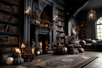 Fototapeta premium Cozy Halloween-Themed Library with Pumpkins and Gothic Decor for Autumn Interiors