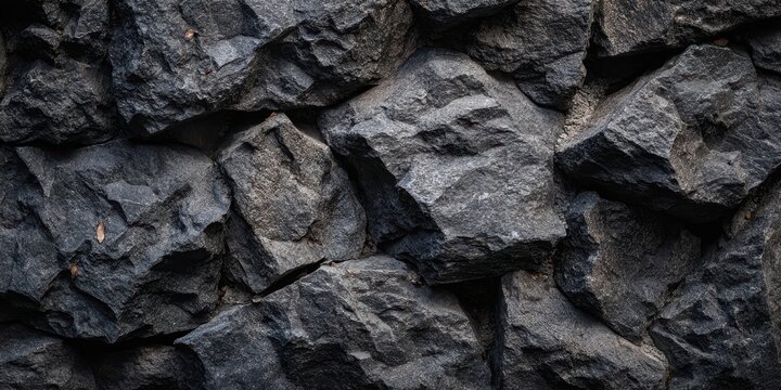 The rock wall texture of rough dark basalt stones in dramatic natural detail