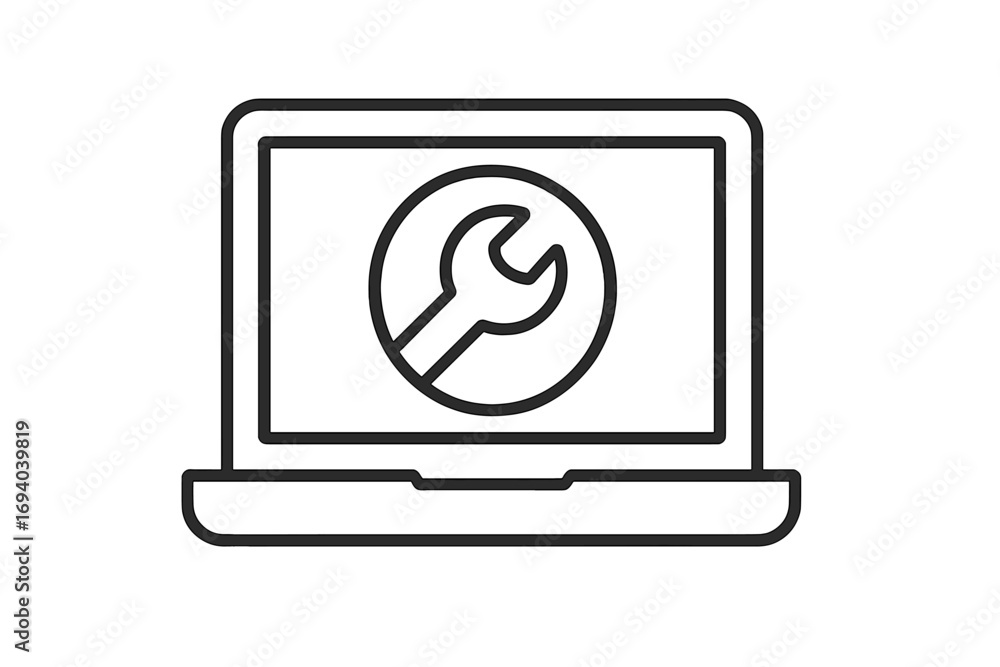 Poster laptop repair service icon. computer maintenance and technical support sign. wrench tool for diagnos