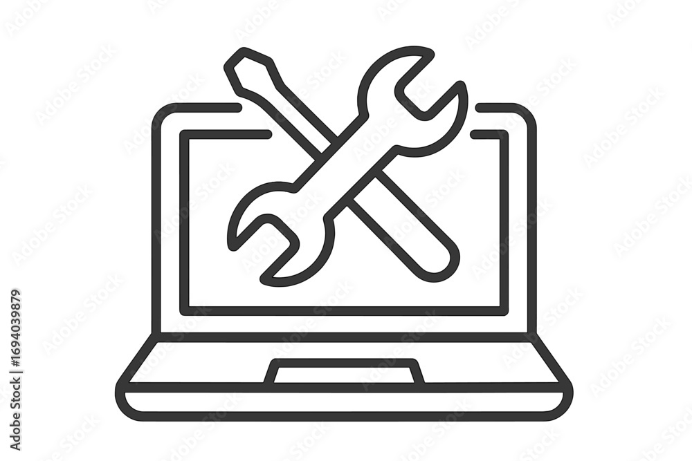 Poster laptop repair service vector line icon. computer maintenance and tech support symbol. wrench and scr