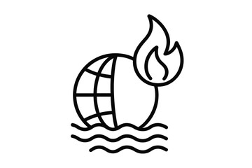 Global warming icon. Climate change concept. Planet earth on fire and sinking in water. Sea level rise. World disaster metaphor. Ecology crisis and pollution symbol. Line art vector.