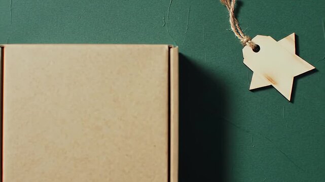 Brown Cardboard Box with Label Against Green Textured Wall Close Up Minimalist Still Life with Subdued Lighting and Rustic Charm Packaging and Delivery Concept Targets 200 Characters