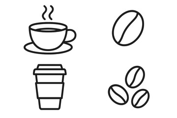 Coffee cup and bean outline icon set. Vector line art illustration for cafe menu, barista, or morning beverage. Includes takeaway cup, espresso, and roasted coffee grains.