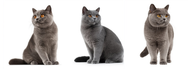 Three adorable gray cats with striking orange eyes, showcasing different poses and expressions, highlighting their playful and curious nature in a bright, clean environment