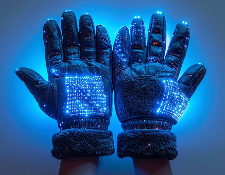Fleece-lined gloves photographed in glowing light, featuring sensors that sync biometric data with health tracking devices.