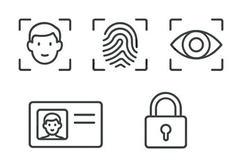 Biometric security icons including face id, fingerprint, eye scan, id card, and lock