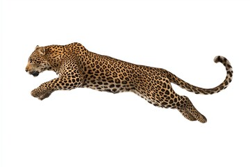 Leopard in mid-air leap showcasing powerful muscles and striking coat pattern, demonstrating agility and grace in a dynamic pose against a clean white background