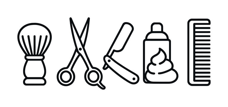 Barber tools illustration: shaving brush, scissors, razor, shaving cream, comb