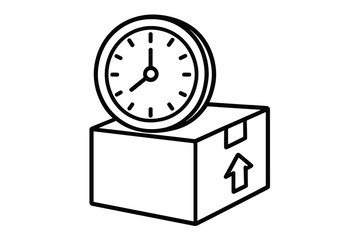 Line illustration of clock on delivery box, time management concept, shipping and logistics, vector cartoon with transparent background, business and app icons, ordered set