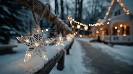 Christmas Star Lights Ornaments on Snowy Fence with Festive House