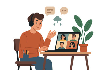Video conference online meeting work from home illustration with diverse team virtual communication remote collaboration concept vector cartoon transparent background