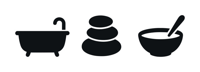 Minimalist icons: bathtub, zen stones, and bowl with spoon silhouette