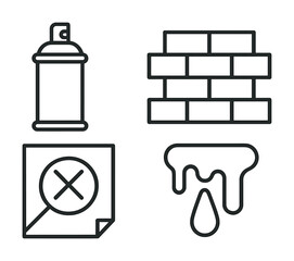 Graffiti elements: spray can, brick wall, error icon, dripping paint
