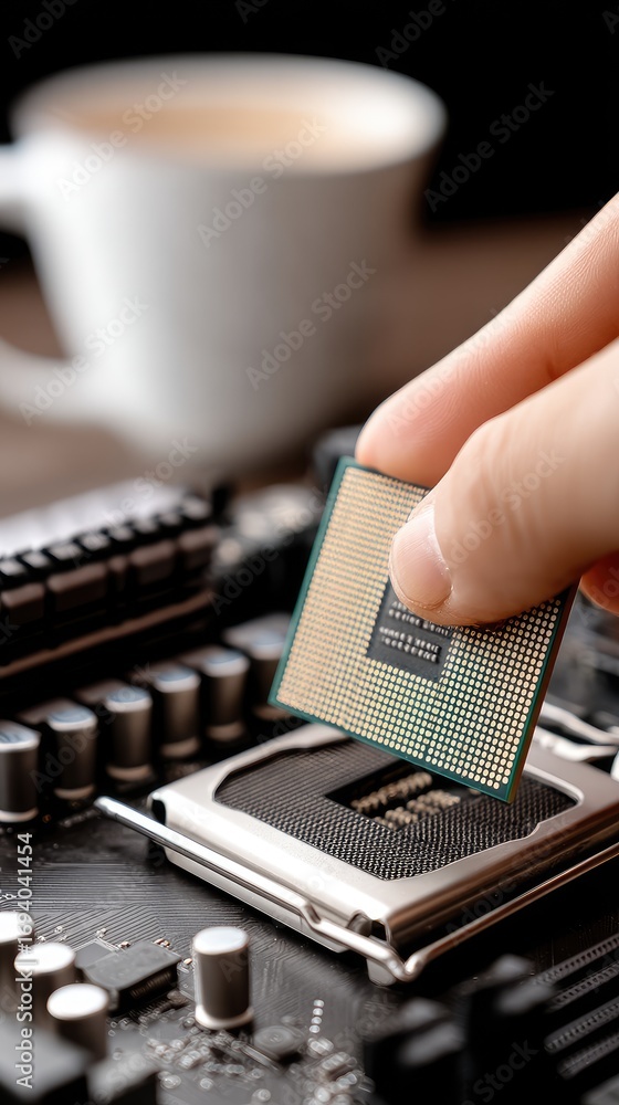 Poster technician installing a computer cpu on a motherboard with a coffee cup in the background during a t
