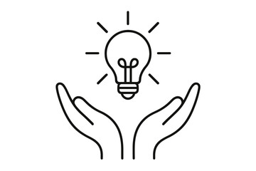 Concept of a new idea, creativity, and innovation. Open hands holding a light bulb. Symbol of solution, knowledge, invention, and inspiration. Outline vector icon for business.