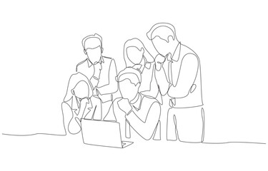 Continuous one line drawing of group of professionals gathering around laptop to analyze or discuss something important, symbolizing collaboration for making decision or solving problem in business