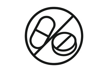 No drugs line icon. Pills and capsule prohibited sign. Stop medication symbol. Anti-doping concept vector. Drug abuse and addiction warning. Pharmacy and healthcare design.