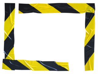 Corners of rectangle made from yellow and black stripes adhesive sealing tape strips on transparent background. Torn ripped plastic shiny tape design element for frame, warning, caution, hazard
