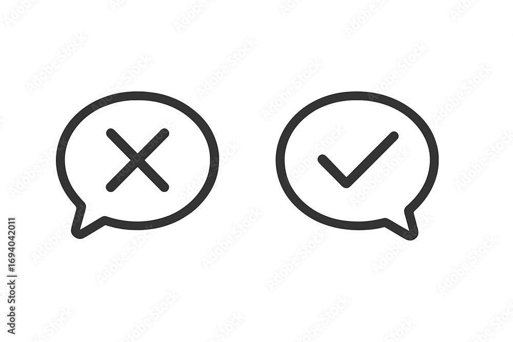 Poster vector check and cross mark icon set in speech bubbles. yes or no vote concept. approve and reject s