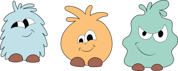 Cute  Monsters  Vector Set. Kids cartoon character design for poster, baby products logo and packaging design.