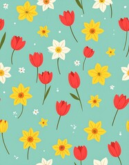 Cute spring flowers on a light teal background