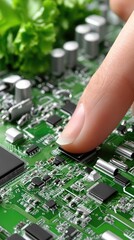 Close-up of a person examining a green circuit board with electronic components and lettuce in a tech-sustainable setting