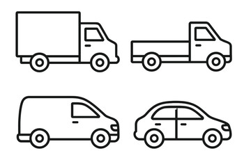Car, truck, van, and pickup vehicle outline icon set. Simple linear vector illustration for delivery, transport, and logistics concepts. Editable stroke line art symbols.