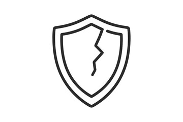 Cracked shield icon for security risk and vulnerability. Broken protection symbol for data breach concept. Unsafe system metaphor. Weak defense, danger, and privacy failure sign.