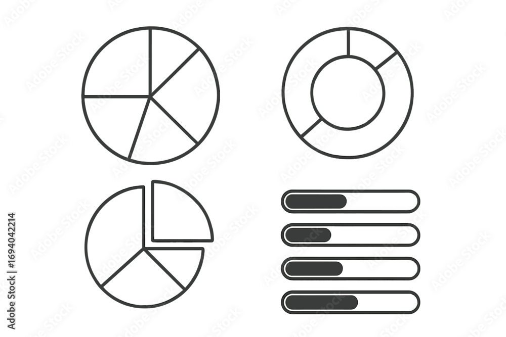 Poster vector icon set of pie charts, donut charts, progress bars. line art diagrams for data visualization