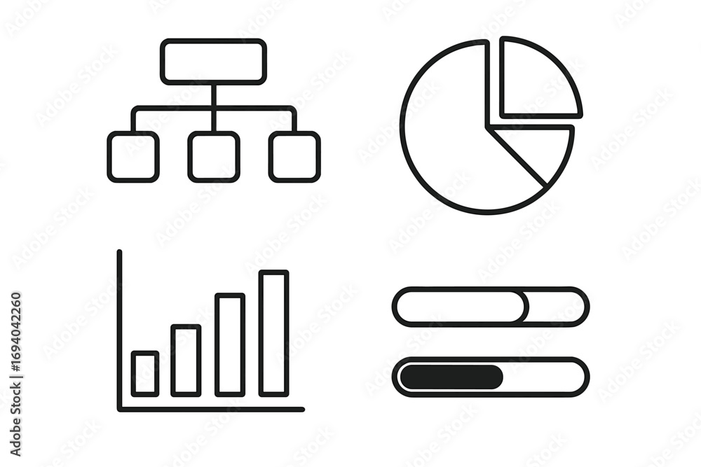 Poster Data visualization line icon set with infographic elements. Vector icons of pie chart, bar graph, flowchart, and progress bar for business analytics, reports, and statistics.