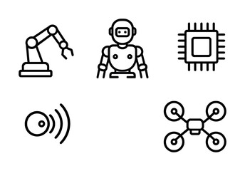 Obraz premium Technology icons: robotics, ai, microchip, wireless signal, drone