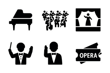 Black and white musical performance icons with orchestra, conductor, pianist, and opera elements