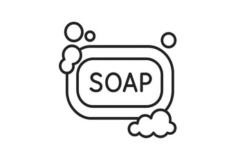 Soap bar line icon with bubbles. Cleanliness and hygiene concept. Simple outline vector for washing hands, personal care, sanitation. Minimal pictogram for web, app design.