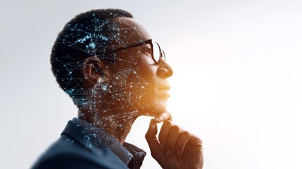 Pensive businessman with glasses is thinking about artificial intelligence and machine learning, visualized by a network of connections over his head, representing his thoughts and ideas